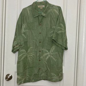 Tommy Bahama | 100% Silk Button Up Shirt / Collared Polo | Green W/ Flowers | L.